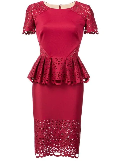 Shop Marchesa Notte Laser-cut Peplum Midi Dress In Red