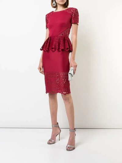 Shop Marchesa Notte Laser-cut Peplum Midi Dress In Red