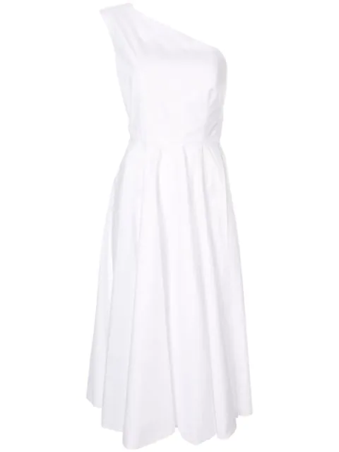 white one shoulder pleated detail midi dress
