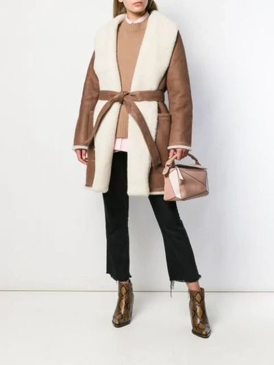 Shop Loewe Belted Shearling Coat In Brown