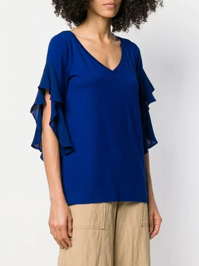 Shop D-exterior V-neck Frilled Blouse In Blue