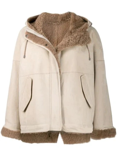 Shop Brunello Cucinelli Hooded Shearling Jacket In Neutrals