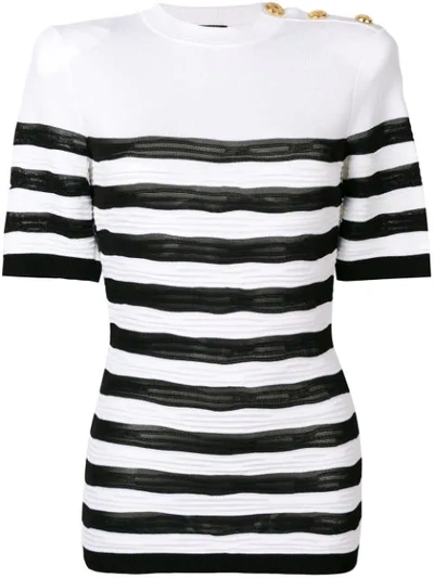 Shop Balmain Shoulder-button Striped Sweater In White