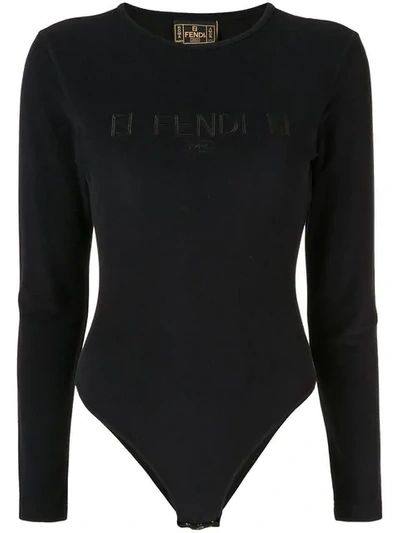 Pre-owned Fendi Long-sleeved Logo Bodysuit In Black