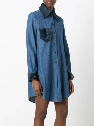 Shop Liska Fur Trim Shirt Dress In Blue