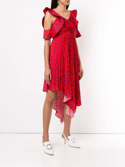 Shop Self-portrait Asymmetric Printed Pleated Dress - Red