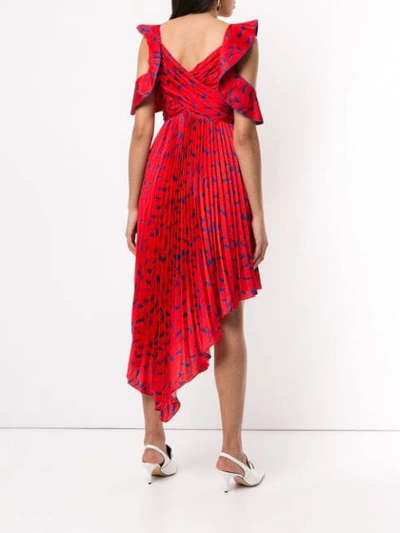 Shop Self-portrait Asymmetric Printed Pleated Dress - Red
