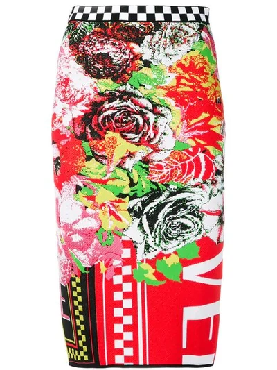 Shop Versace Printed Knit Pencil Skirt In Red