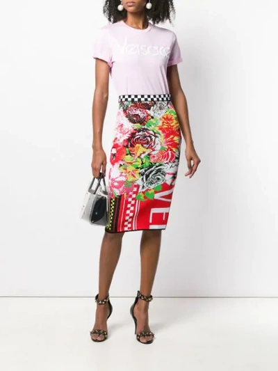 Shop Versace Printed Knit Pencil Skirt In Red
