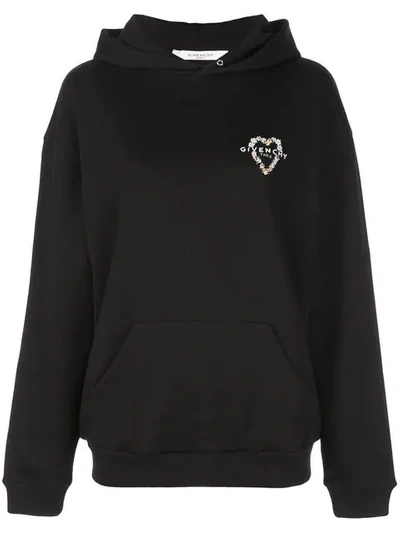 GIVENCHY HEART EMBROIDERED LOGO HOODIE - 黑色