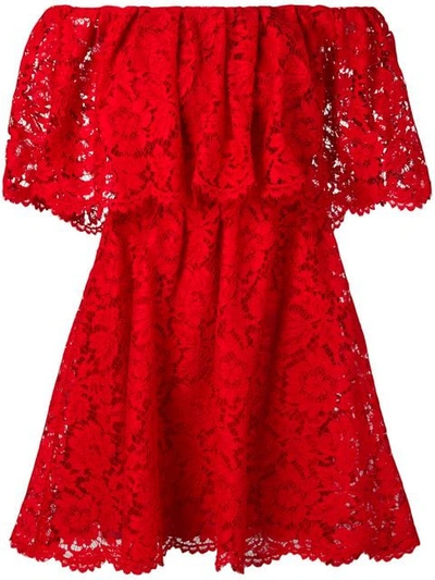VALENTINO FLORAL LACE OFF-SHOULDER DRESS - 红色