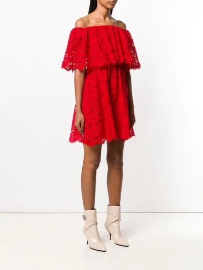 VALENTINO FLORAL LACE OFF-SHOULDER DRESS - 红色