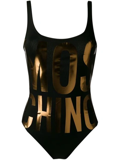Shop Moschino Metallic Logo Print Swimsuit In Black