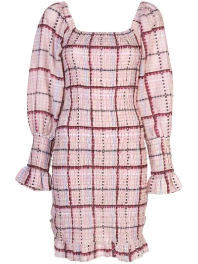 Shop Ganni Checked Smocked Dress In Purple
