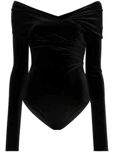 Shop Alexandre Vauthier Bardot Ruched Velvet Bodysuit In Black