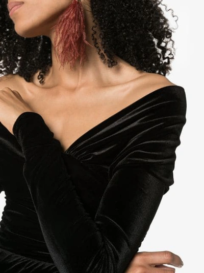 Shop Alexandre Vauthier Bardot Ruched Velvet Bodysuit In Black
