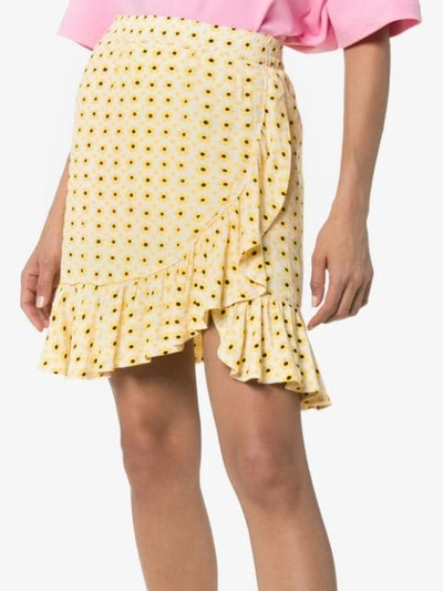Ganni Printed Crepe Mini Skirt W/ Ruffle Trim In Yellow | ModeSens