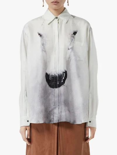 Shop Burberry Unicorn Print Silk Shirt In Grey