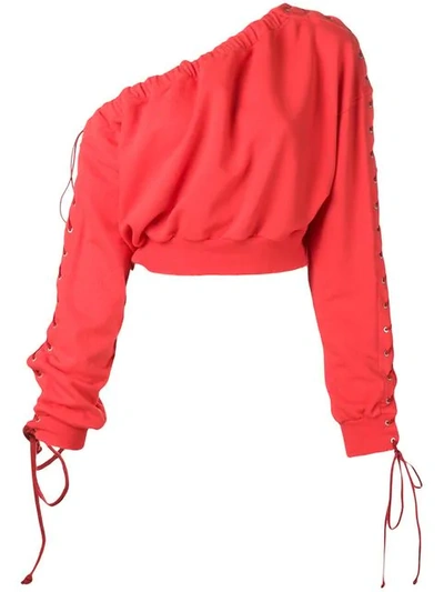 Shop Ben Taverniti Unravel Project One-shoulder Lace-up Sweatshirt In Red