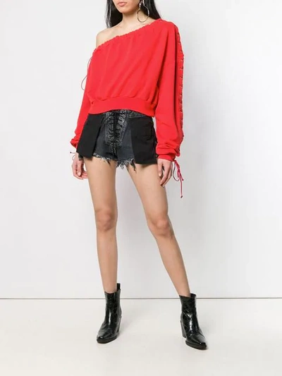 Shop Ben Taverniti Unravel Project One-shoulder Lace-up Sweatshirt In Red