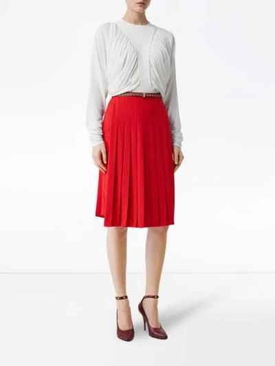 Shop Burberry Cady Pleated Midi Skirt In Red