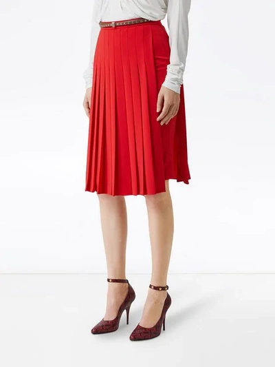 Shop Burberry Cady Pleated Midi Skirt In Red