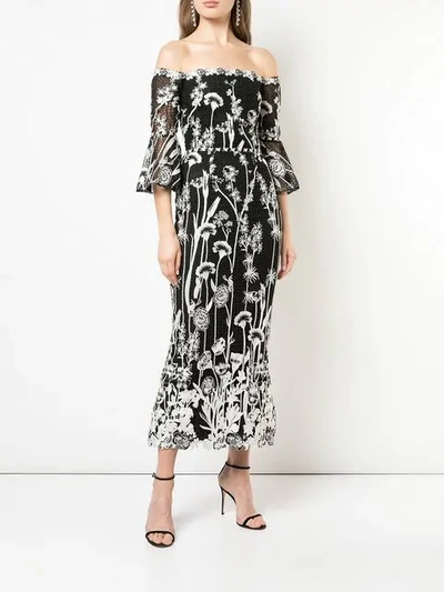 Shop Marchesa Notte Floral Embroidered Bardot Maxi Dress In Black