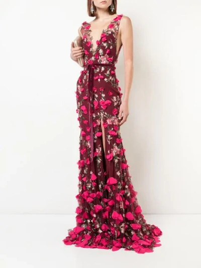 Shop Marchesa Notte Plunge Neck Embroidered Gown In Wine