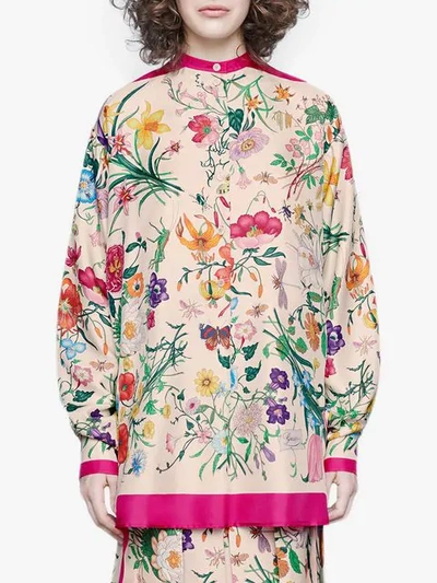 Shop Gucci Oversize Shirt With Flora Print In Neutrals