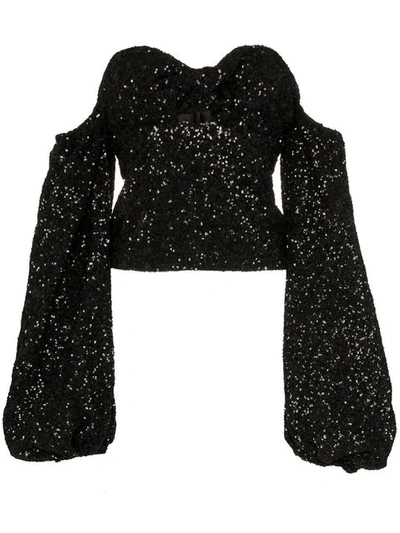 Shop Attico Sequin Puff-sleeve Top In Black