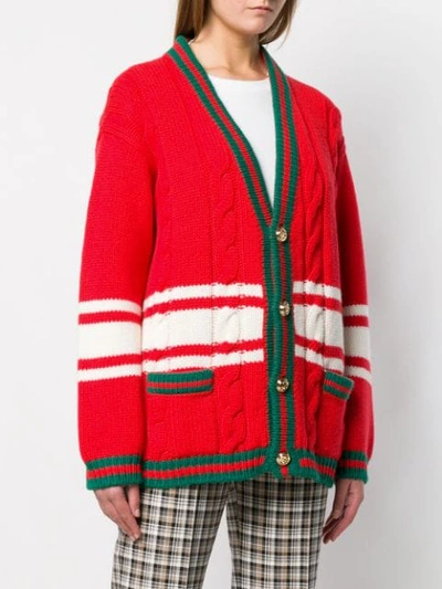 Shop Gucci Web-trimmed Cable Knit Cardigan In Red