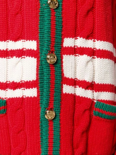 GUCCI WEB-TRIMMED CABLE KNIT CARDIGAN - 红色