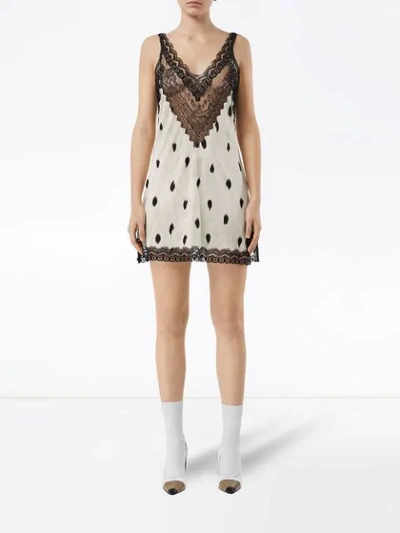 Shop Burberry Lace Panel Animal Print Slip Dress In Neutrals ,black