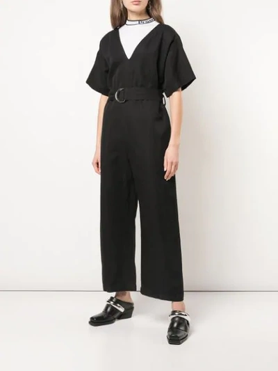 Shop Proenza Schouler Pswl Washed Linen Short Sleeve Jumpsuit In Black