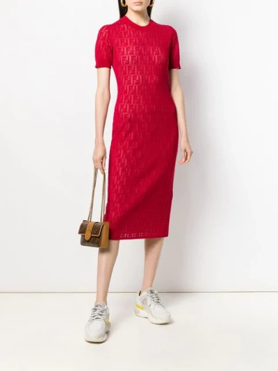 Shop Fendi Monogrammed Short-sleeve Midi Dress In Red