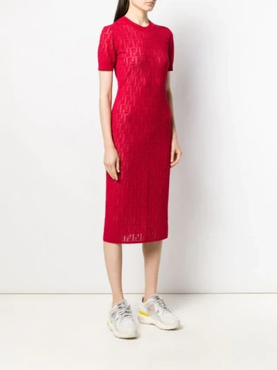 Shop Fendi Monogrammed Short-sleeve Midi Dress In Red