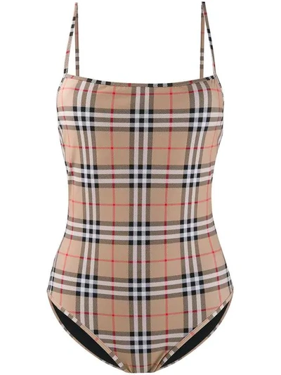 Shop Burberry Vintage Check Swimsuit In Neutrals