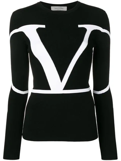 Shop Valentino V Logo Ribbed Knit Top In Black