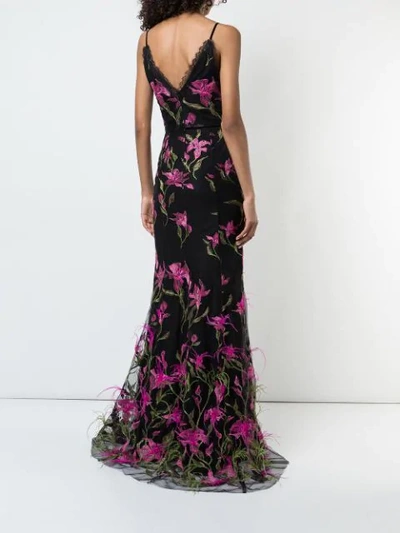 Shop Marchesa Notte Long Embroidered Floral Dress In Black