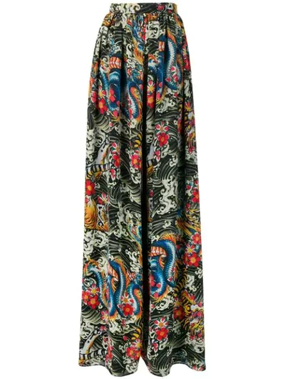 Shop Richard Quinn Dragon Print Palazzo Trousers In Green