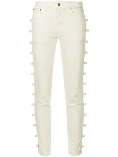 Shop Tu Es Mon Tresor Tu Es Mon Trésor Pearl Embellished Cropped Jeans - White