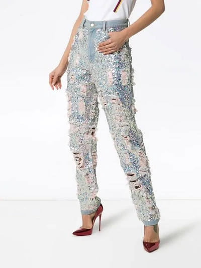 ASHISH SEQUIN EMBELLISHED RIPPED BOYFRIEND JEANS - 金属色