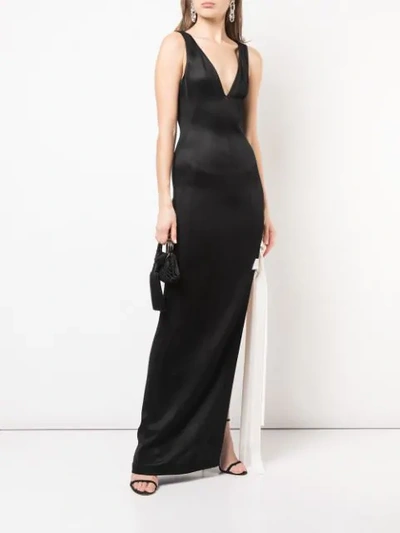 Shop Galvan Plunge Neck Gown With Side Slit In Black