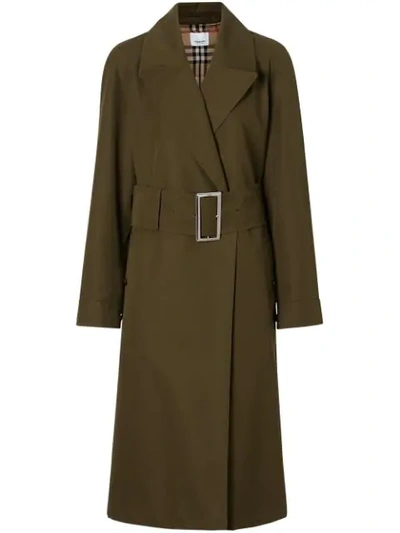 Shop Burberry Side-slit Cotton Gabardine Belted Coat In Green