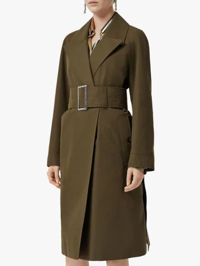 Shop Burberry Side-slit Cotton Gabardine Belted Coat In Green