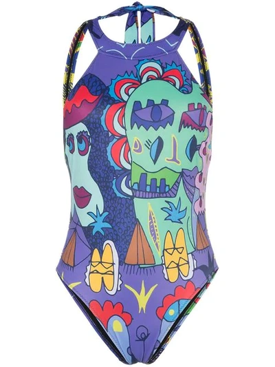 Shop Ellie Rassia Printed High Neck Backless Swimsuit In Multicolour