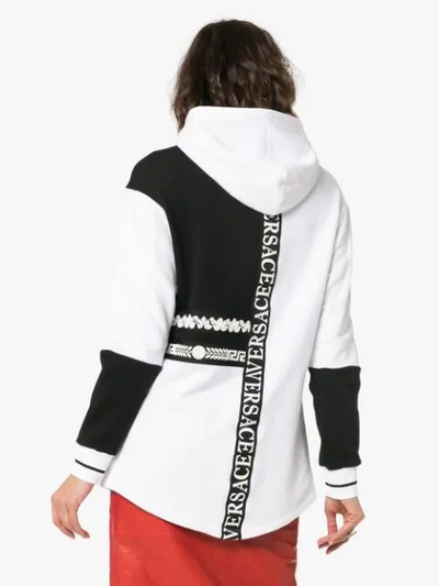 Shop Versace Front Zip Detail Logo Drawstring Hoodie In White