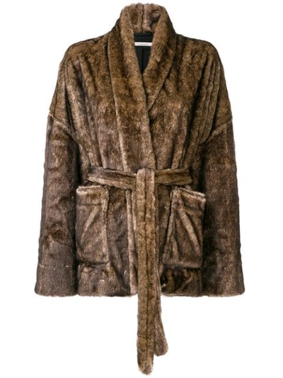Shop Mes Demoiselles Fuzzy Robe Coat In Brown