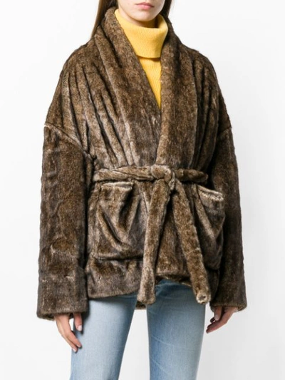 Shop Mes Demoiselles Fuzzy Robe Coat In Brown