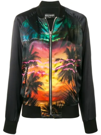 Shop Balmain Printed Bomber Jacket In Black